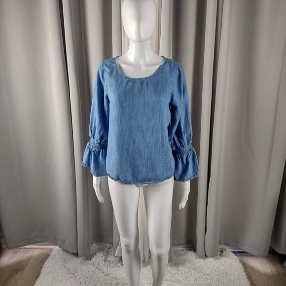Gap 1969 Tops - GAP 1969 Women's Chambray Lyocell Bell Sleeve Blouse Blue Smocked Size Medium